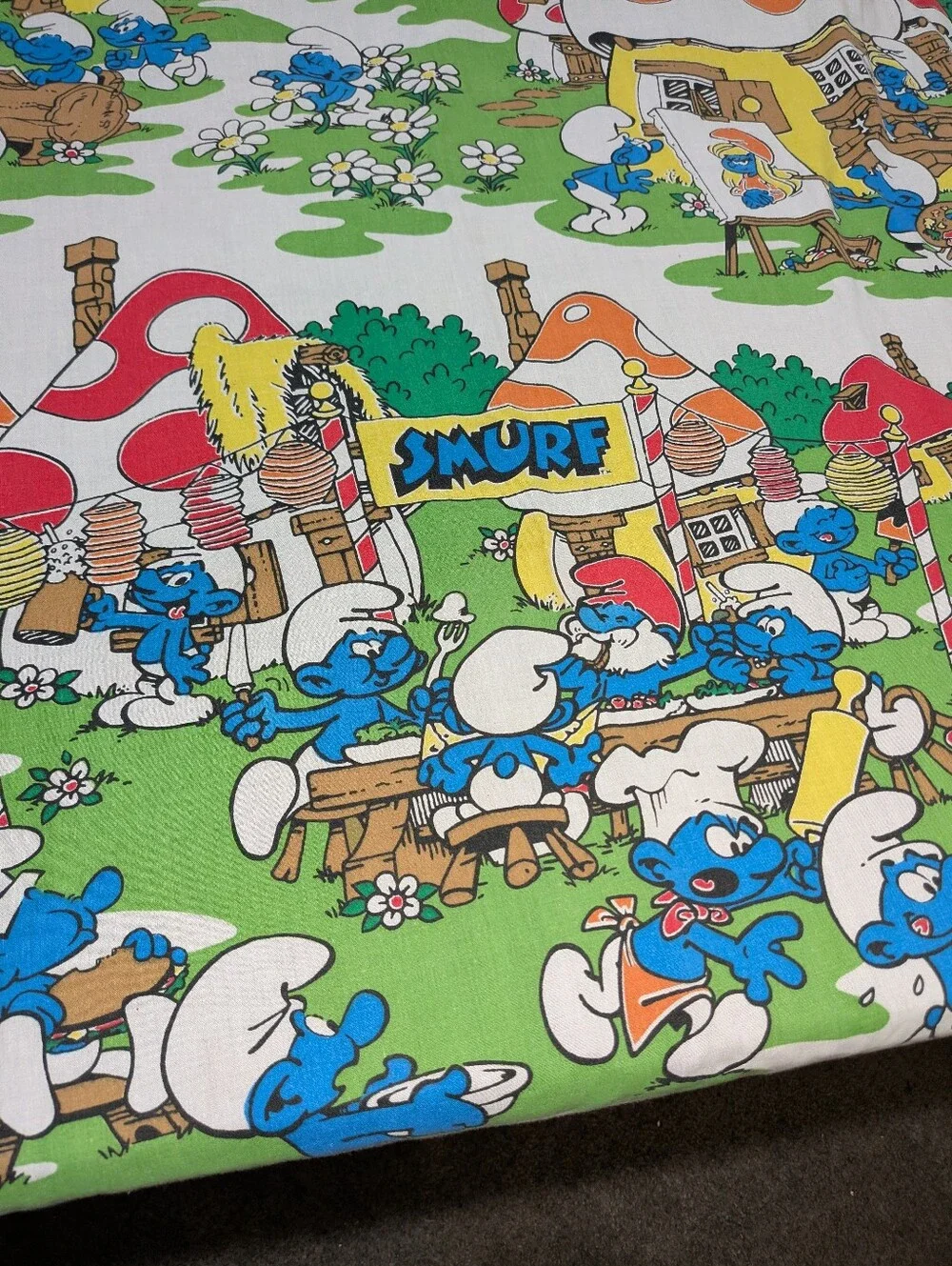 Vintage Smurf Village Twin Flat Sheet